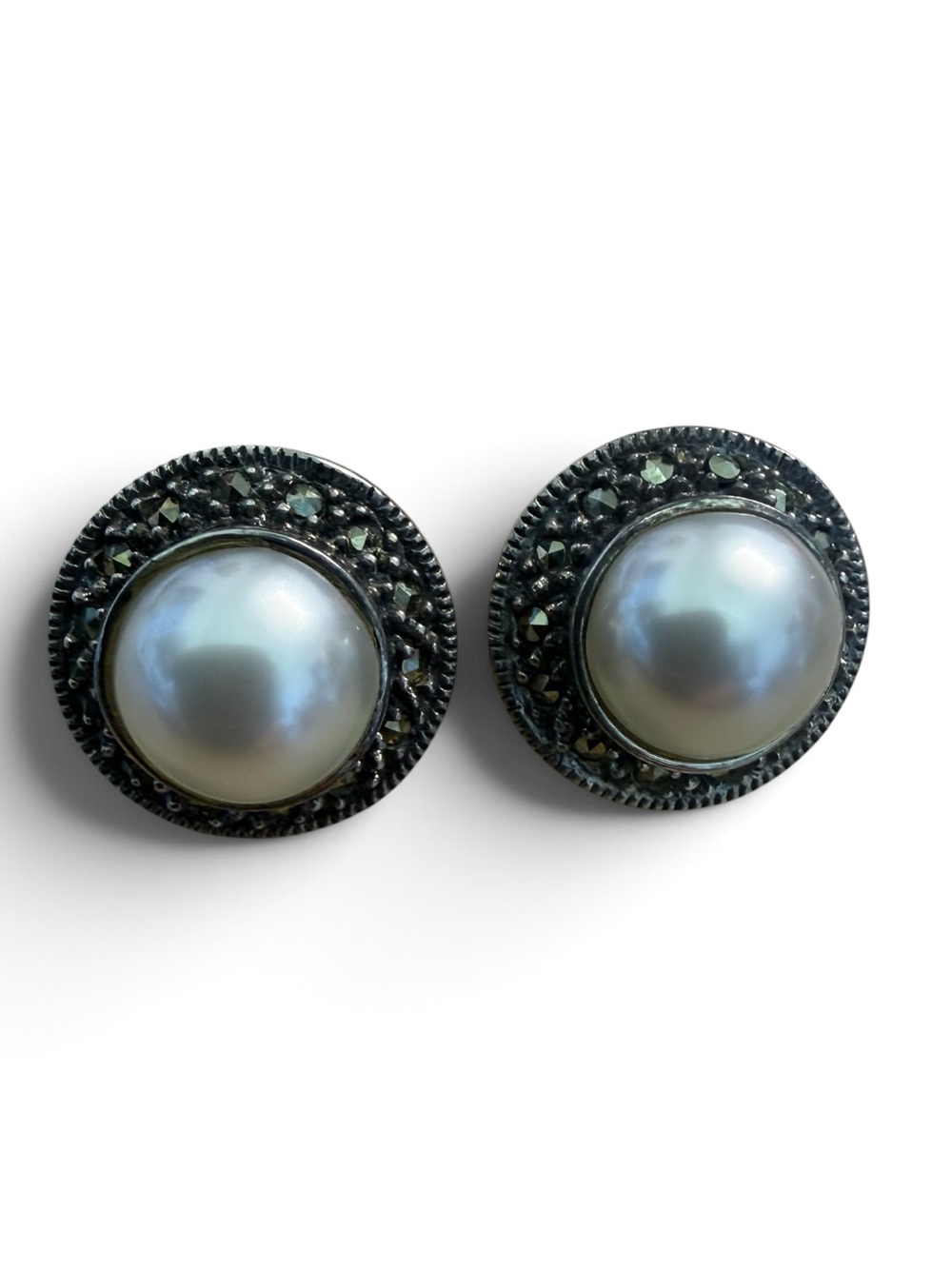 Judith Jack Sterling Marcasite Mabe Pearl Pierced Earrings